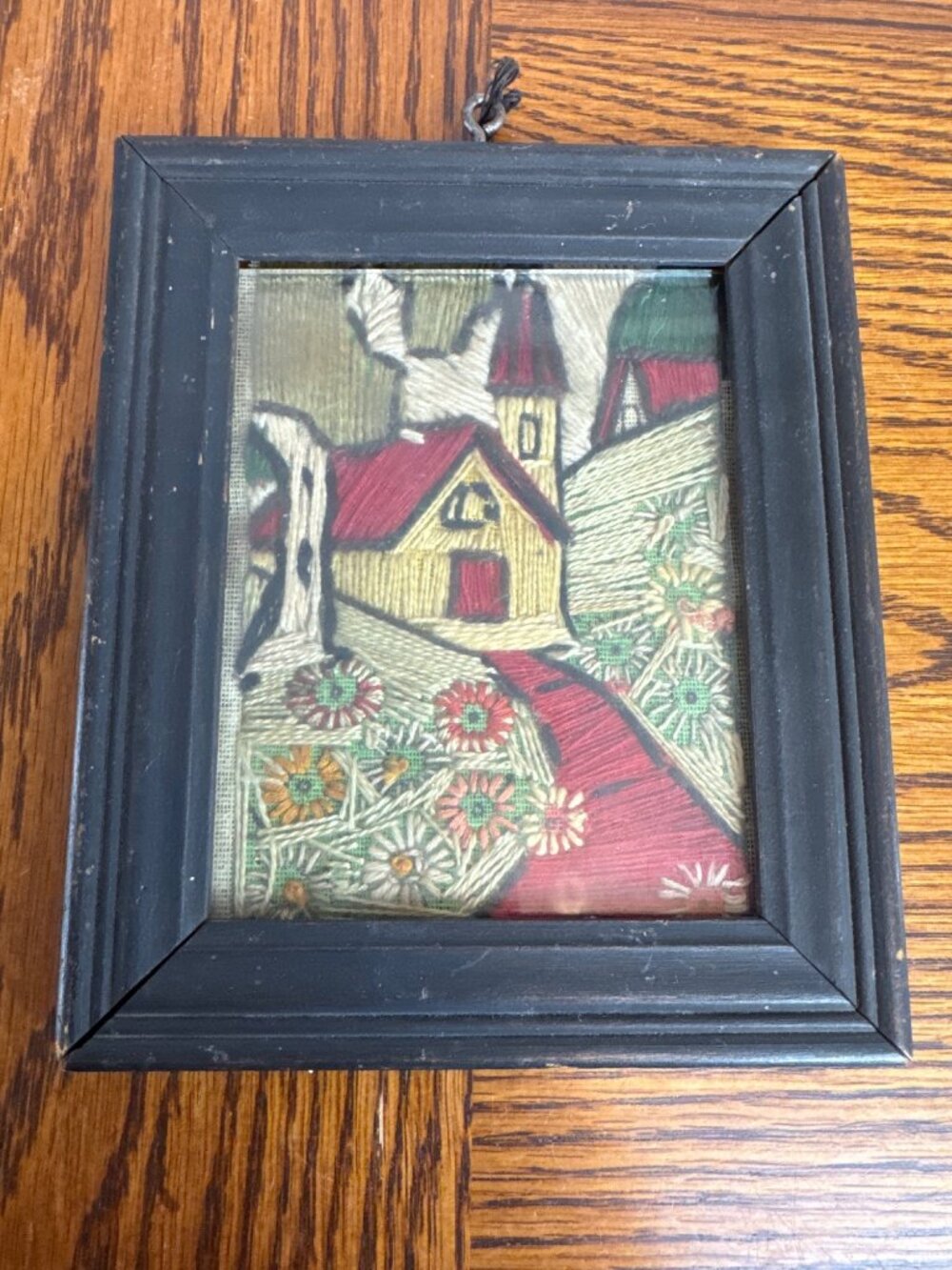 Vintage Embroidery Folk Art Farm Floral Country Scene